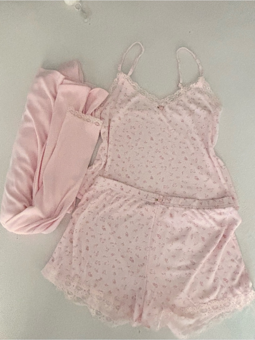 Delicate Pink Floral Lace Cami, Shorts and Robe Sleep Set